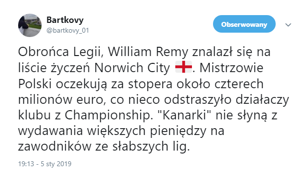 TYLE Legia oczekuje za Williama Remy'ego